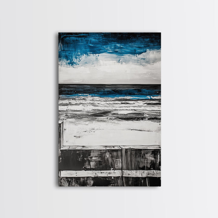 Ocean Horizon, Moody Sky Seascape, Coastal Art Print, Black and White Beach Decor, Modern Home Wall Art, Relaxing Framed Canvas Print
