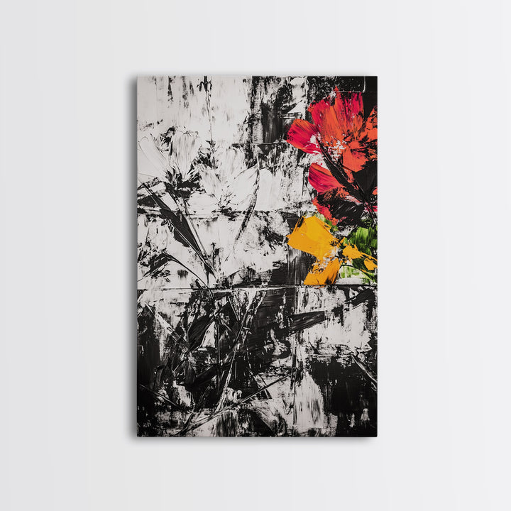 Abstract Flowers, Black and White, Red Floral Art, Bold Wall Decor, Modern Art, Framed Canvas Print, Minimalist Living Room Art