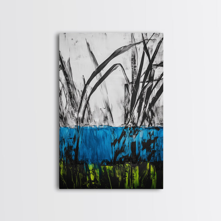 Abstract Grass, Blue and Green Art, Nature Inspired Wall Art, Minimalist Decor, Textured Canvas Print, Living Room Wall Art