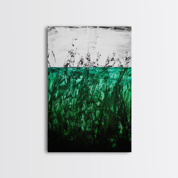 Abstract Grassland, Green Nature Art, Minimalist Botanical Wall Decor, Earthy Modern Print, Framed Canvas Print, Living Room Wall Art