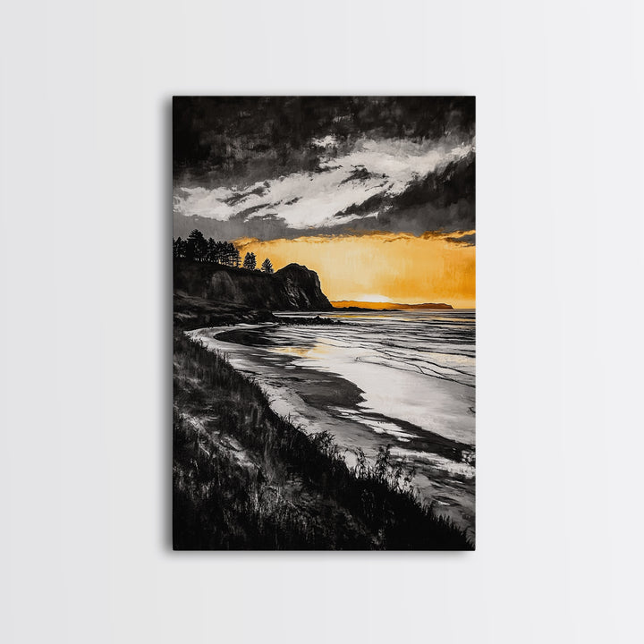 Cliffside Sunset, Golden Sky, Coastal View, Seascape, Framed Canvas Print, Modern Wall Art, Office Decor, Dramatic Landscape
