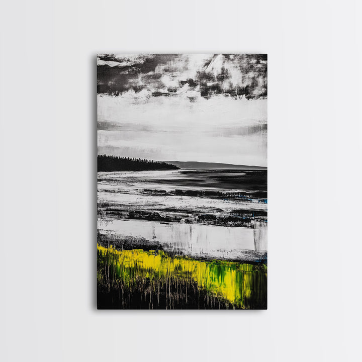 Coastal Shoreline, Misty Landscape, Black and White, Nature Print, Framed Canvas Print, Office Wall Art, Serene Seascape, Minimalist Art