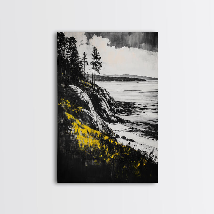 Rocky Coast, Pine Trees, Ocean View, Coastal Landscape, Canvas Print, Cabin Wall Decor, Rustic Home Art, Nature Inspired Painting