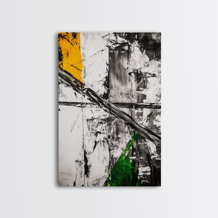 Abstract Expression, Modern Art, Black White Green, Framed Canvas Print, Contemporary Wall Art, Office Decor, Minimalist Painting