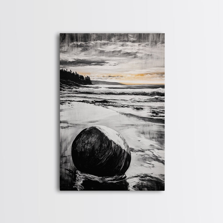 Rocky Beach, Sunset Landscape, Black White Gold, Framed Canvas Print, Coastal Wall Art, Nature Painting, Serene Home Decor