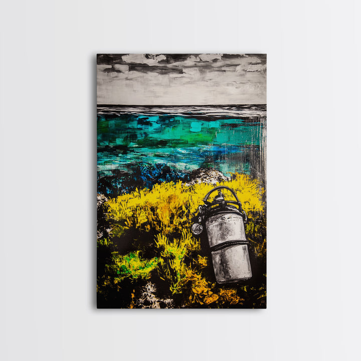 Coastal Lantern, Ocean Shore, Yellow Blue Art, Framed Canvas Print, Nautical Wall Art, Beach House Decor, Rustic Modern Art