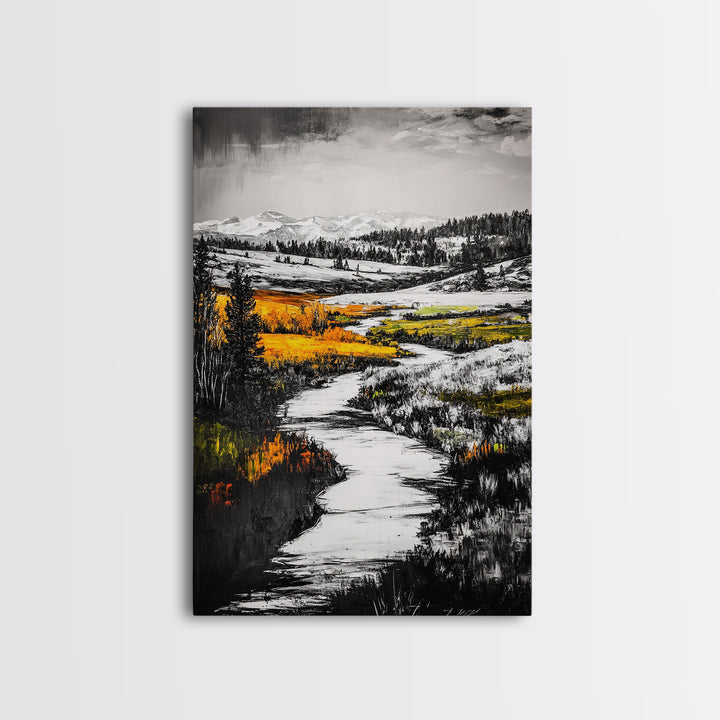 Autumn River, Fall Landscape, Black White Orange, Framed Canvas Print, Nature Wall Art, Cabin Decor, Rustic Home Painting