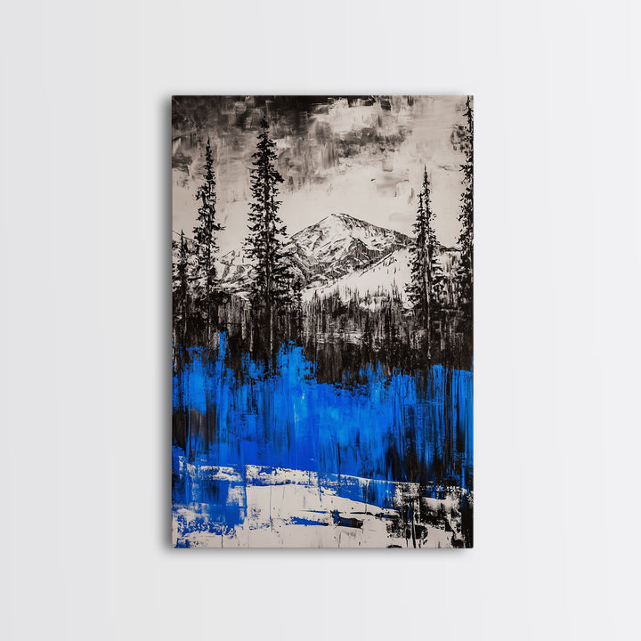 Mountain Wilderness, Winter Landscape, Blue Trees, Framed Canvas Print, Cabin Wall Art, Outdoor Lover Gift, Serene Nature Art