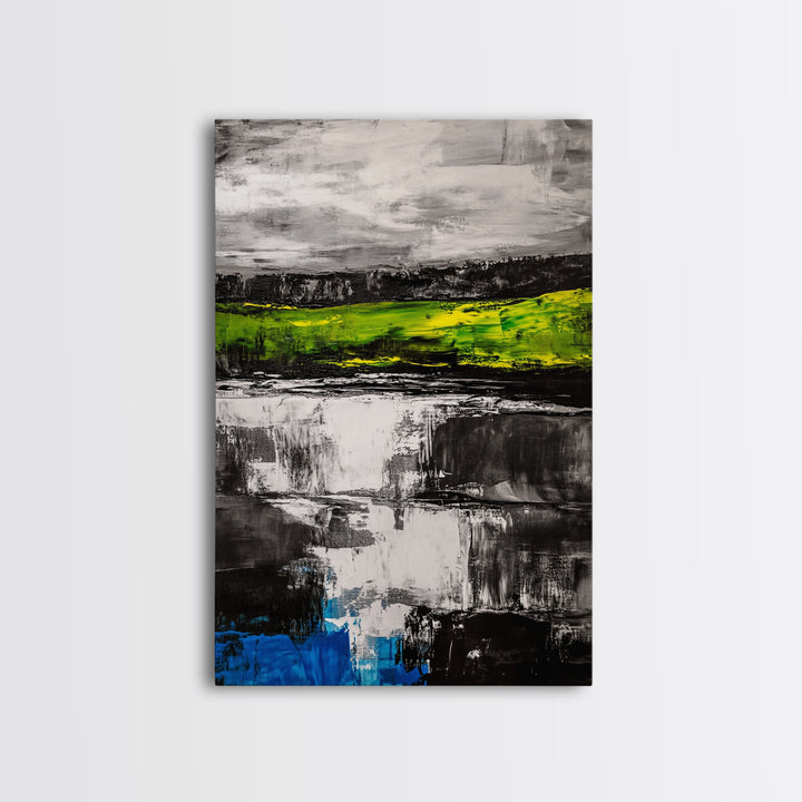 Abstract Landscape, Black White Green, Modern Painting, Framed Canvas Print, Living Room Decor, Minimalist Art, Contemporary Style