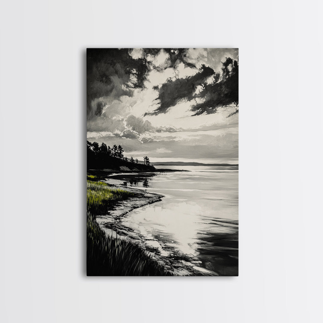 Moody Landscape, Black and White Art, Dramatic Sky, Coastal Scene, Nature Painting, Modern Home Decor, Minimalist Style, Framed Canvas Print
