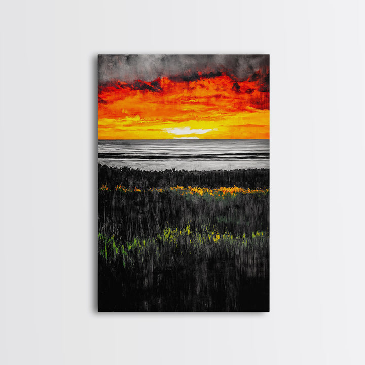 Bold Sunset, Coastal Horizon, Modern Landscape, Framed Canvas Print, Vibrant Seascape Art, Minimalist Beach Decor, Living Room Wall Art