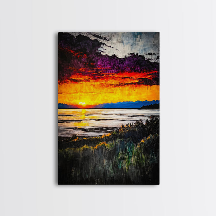 Beach Sunrise, Ocean View, Dramatic Skies, Framed Canvas Print, Large Wall Art, Coastal Home Decor, Serene Landscape, Modern Art