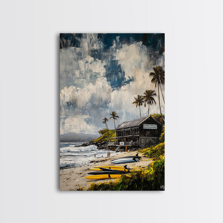 Beach Surf Shack, Tropical Art, Coastal Wall Decor, Nautical Framed Canvas Print, Surfing Gift, Ocean Sunset, Living Room Art