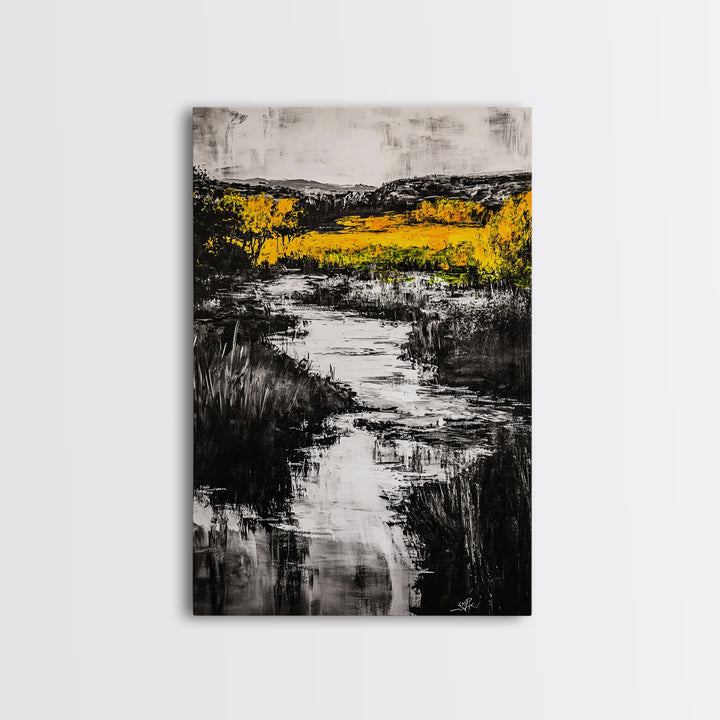Black White Landscape, Yellow Trees, River Stream Art, Rustic Farmhouse Decor, Modern Nature Wall Art, Bedroom Wall Decor, Canvas Print