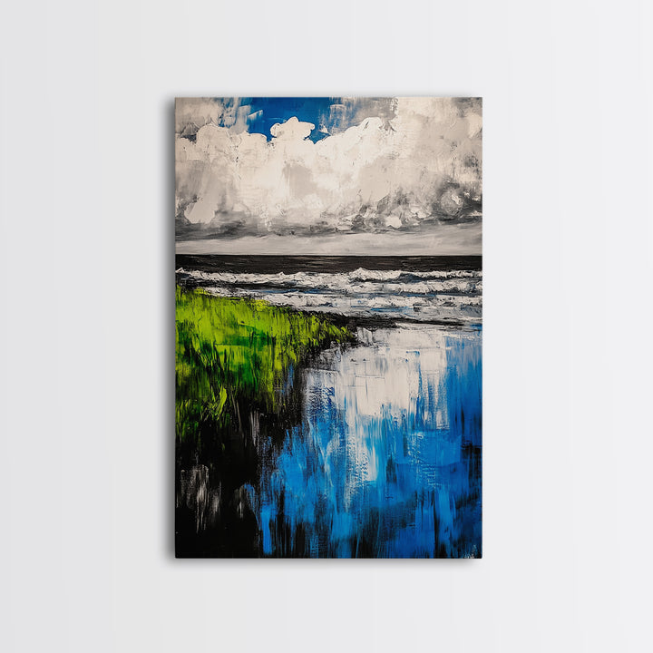 Ocean Reflections, Coastal Wall Art, Blue Abstract Beach Scene, Seascape Framed Canvas Print, Modern Home Decor, Living Room Wall Art