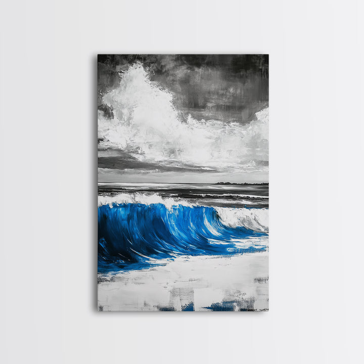 Blue Ocean Wave, Surfing Wall Art, Coastal Beach Print, Nautical Home Decor, Framed Canvas Print, Large Wall Art, Minimalist Seascape