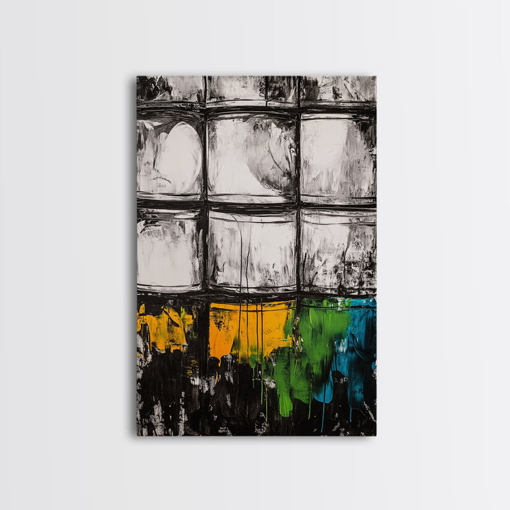 Abstract Windows, Modern Wall Art, Black and White Geometric Print, Industrial Home Decor, Framed Canvas Print, Contemporary Office Art