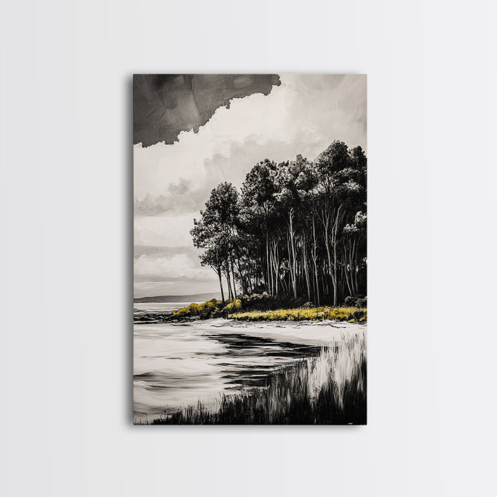 Coastal Trees, Black and White Art, Canvas Print, Modern Landscape, Nature Wall Art, Minimalist Home Decor, Serene Artwork, Ocean Scene