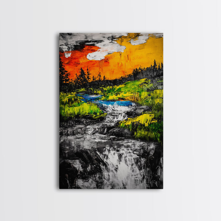 Autumn River, Nature Wall Art, Modern Landscape, Framed Canvas Print, Rustic Home Decor, Office Artwork, Vibrant Sunset Painting