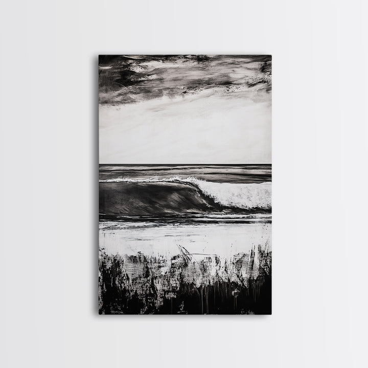 Black White Waves, Ocean Wall Art, Minimalist Coastal, Framed Canvas Print, Beach House Decor, Monochrome Seascape, Surfer Gift