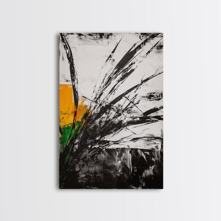Abstract Grass, Modern Wall Art, Minimalist Home Decor, Framed Canvas Print, Black White Gold, Contemporary Artwork, Bold Design