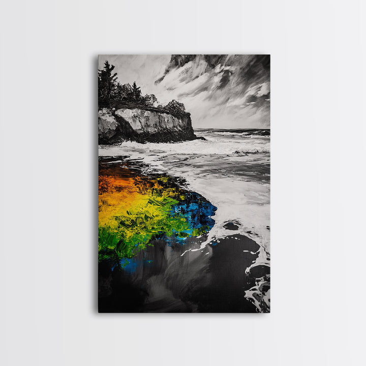 Cliffside Waves, Coastal Wall Art, Ocean Landscape, Framed Canvas Print, Beach House Decor, Monochrome Seascape, Nautical Gift