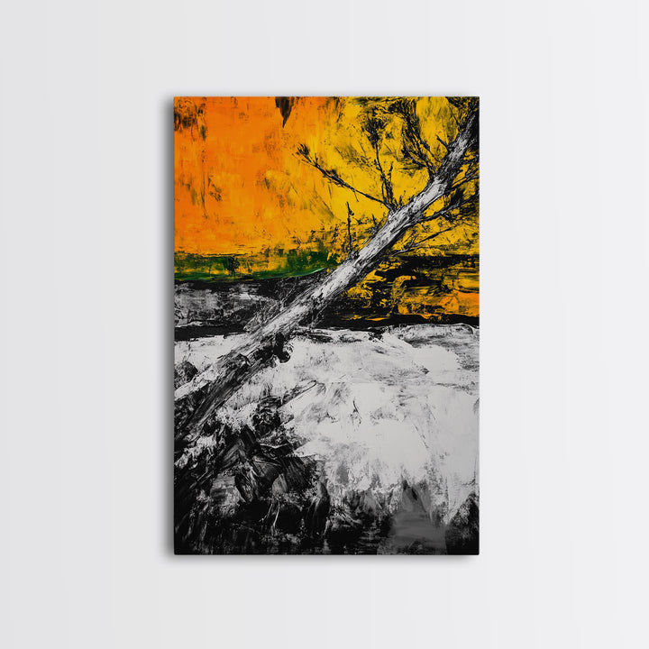 Abstract Tree, Fall Wall Art, Modern Nature Painting, Framed Canvas Print, Rustic Home Decor, Bold Orange Yellow, Unique Artwork