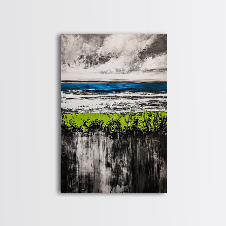 Coastal Horizon, Abstract Ocean, Framed Canvas Print, Beach Wall Art, Nautical Home Decor, Blue and White Art, Modern Living Room Art