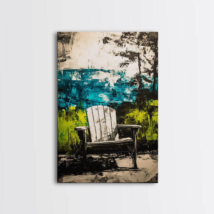 Adirondack Chair, Lakeside View, Framed Canvas Print, Rustic Cabin Decor, Nature Wall Art, Relaxing Retreat Art, Outdoor Artwork