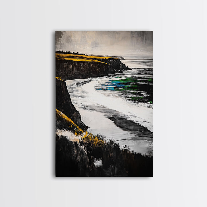 Coastal Cliffs, Ocean Waves, Beach Landscape, Nature Wall Art, Framed Canvas Print, Living Room Decor, Modern Seascape, Blue Tones