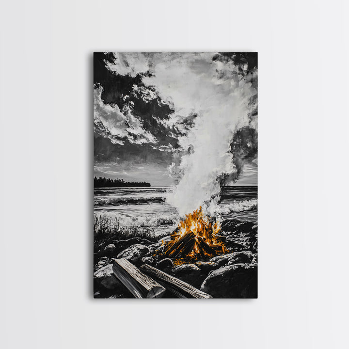 Bonfire on Beach, Coastal Sunset, Framed Canvas Print, Fall Wall Art, Warm Glow Art, Ocean Inspired Decor, Rustic Firelight, Home Accent