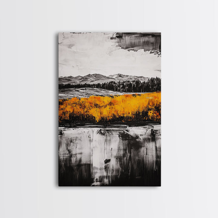 Autumn Mountain Scene, Yellow Trees Reflection, Black White Landscape, Rustic Cabin Art, Cozy Fall Wall Decor, Framed Canvas Print