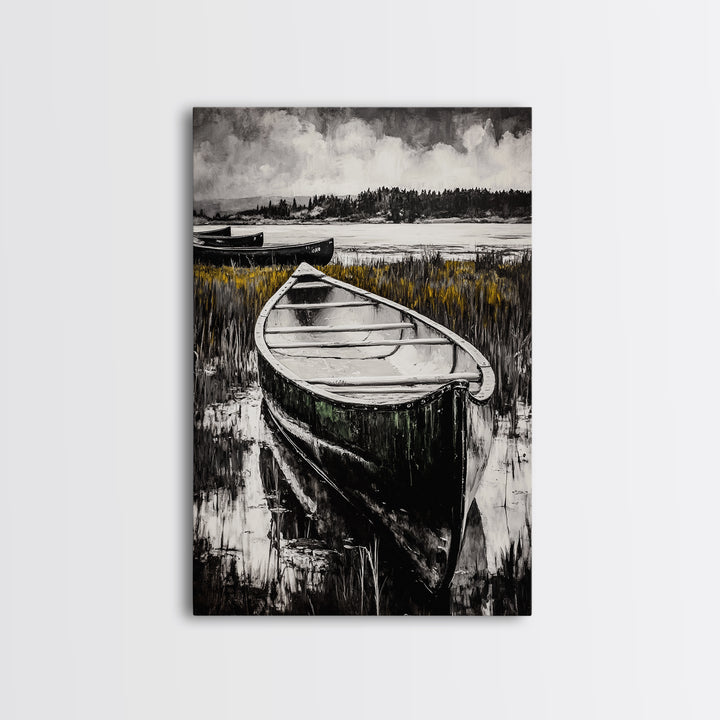 Canoe on Water, Lakeside Reflection, Framed Canvas Print, Nature Art, Cabin Wall Decor, Black and White Landscape, Serene Home Accent