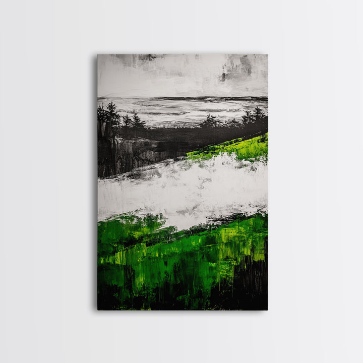 Coastal Cliffs, Ocean Landscape Art, Green Hills Painting, Nature Decor, Outdoor Wall Art, Minimalist Home Print, Framed Canvas Print