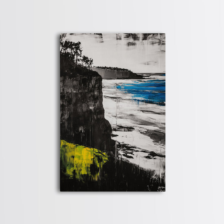 Cliffside View, Ocean Landscape, Modern Coastal Canvas Print, Beach House Wall Art, Black and White Decor, Contemporary Artwork