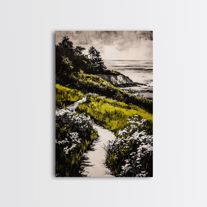 Pathway View, Coastal Nature Painting, Canvas Print, Scenic Landscape, Green and White Wall Art, Serene Home Decor, Boho Artwork
