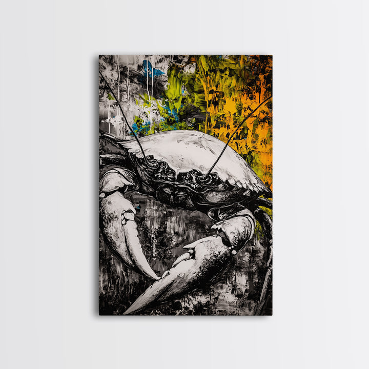 Crab Wall Art, Nautical Coastal Print, Monochrome Decor, Rustic Beach House Art, Marine Illustration, Kitchen Art, Framed Canvas Print