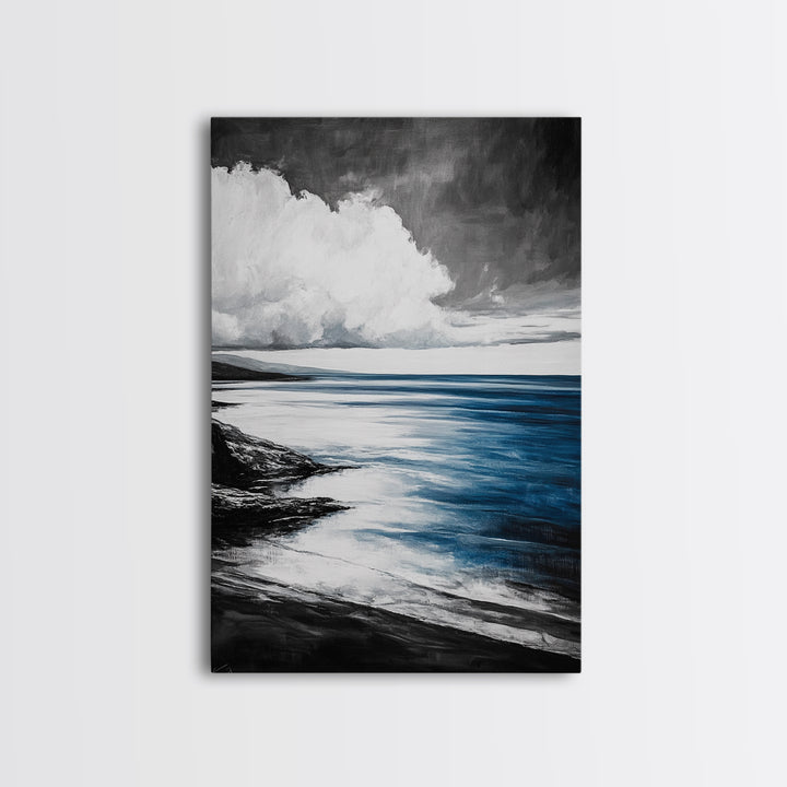 Coastal Shoreline Art, Monochrome Beach Print, Serene Ocean View, Tranquil Seascape Wall Decor, Nautical Art, Framed Canvas Print