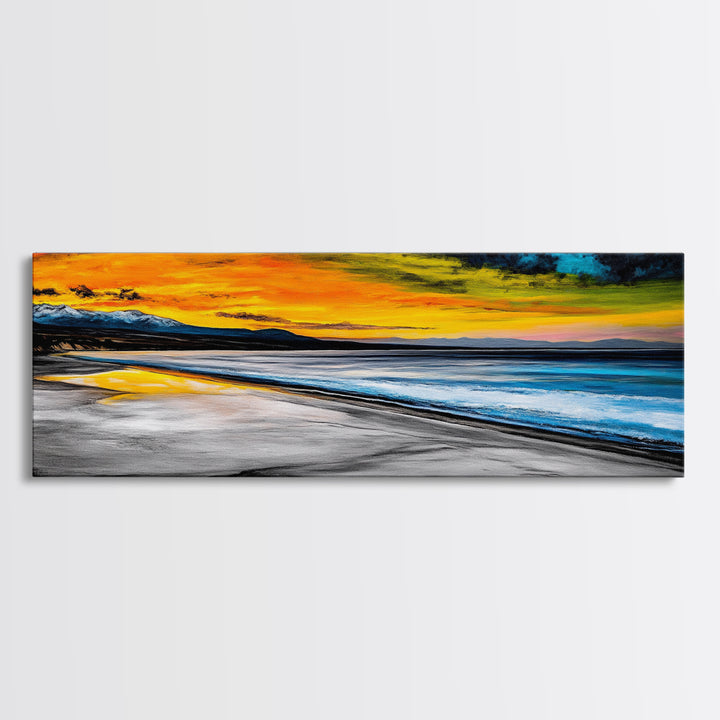 Dramatic Beach Sunset, Golden Coastal Painting, Moody Ocean Wall Art, Vibrant Seascape Print, Tropical Home Decor, Framed Canvas Print