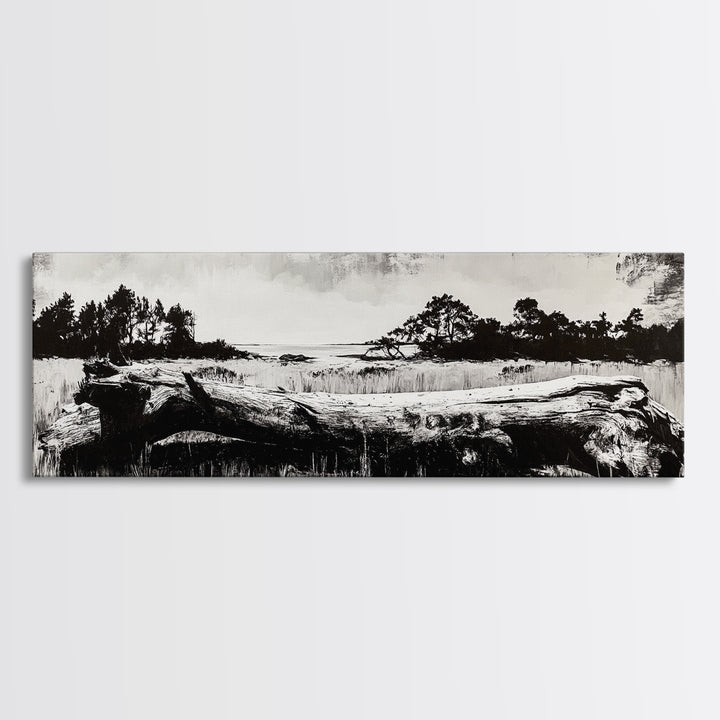 Driftwood Beach, Coastal Landscape, Framed Canvas Print, Black and White Wall Art, Nature Photography Style, Serene Home Decor, Bedroom Art