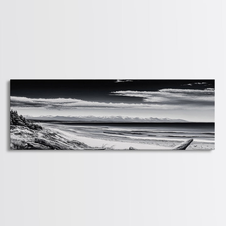Black and White Beach, Coastal Wall Art, Modern Seascape, Minimalist Art, Monochrome Print, Framed Canvas Print, Bedroom Decor
