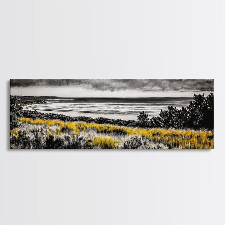 Coastal Storm, Moody Ocean Art, Dramatic Landscape, Black and Gold Print, Framed Canvas Print, Modern Wall Art, Beach House Decor