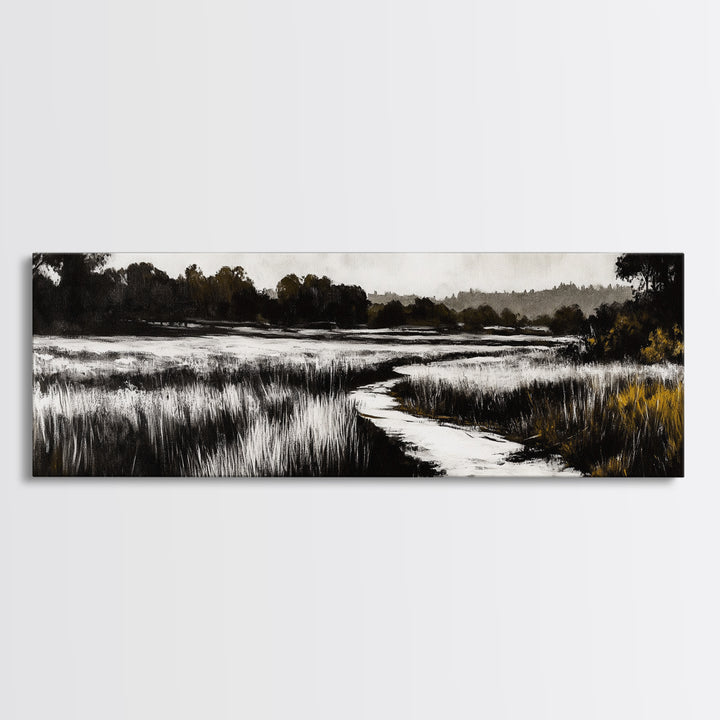 Black and White Marsh, Rustic Landscape, Moody Wall Art, Minimalist Nature Print, Framed Canvas Print, Bedroom Wall Decor