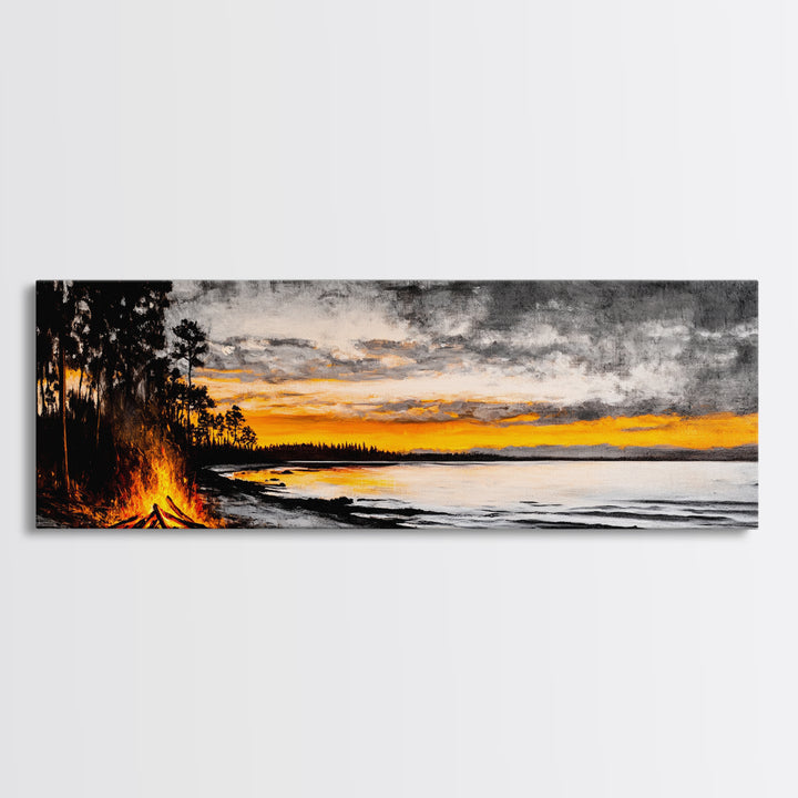 Campfire by Lake, Sunset Landscape Art, Cozy Rustic Print, Fall Wall Decor, Outdoor Adventure Canvas Print, Framed Canvas Print