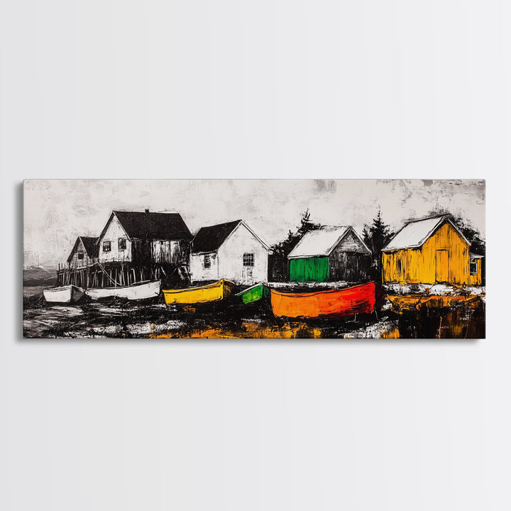 Coastal Village, Nautical Wall Art, Boat Painting, Framed Canvas Print, Beach House Decor, Seaside Landscape, Maritime Theme