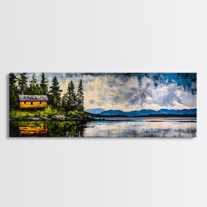 Cabin on the Lake, Peaceful Landscape, Nature Lover Art, Framed Canvas Print, Mountain View, Serene Wall Decor, Scenic Painting