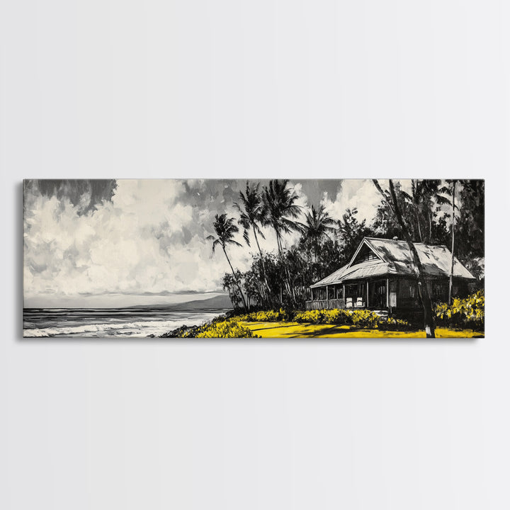 Tropical Beach House, Coastal Landscape Painting, Black and White Palm Tree Print, Island Wall Decor, Relaxing Canvas Print, Framed Canvas Print
