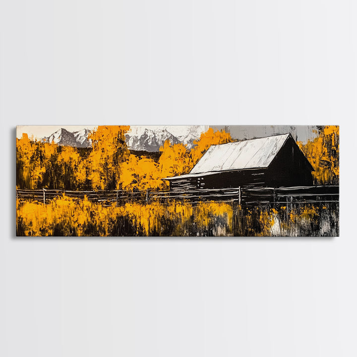 Rustic Cabin, Autumn Mountain Art, Western Wall Decor, Farmhouse Art, Fall Home Decor, Framed Canvas Print, Living Room Wall Art