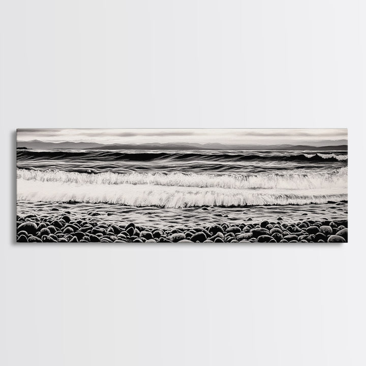 Black and White, Pebble Beach, Monochrome Ocean Art, Coastal Canvas Print, Minimalist Wall Art, Living Room Decor, Framed Canvas Print