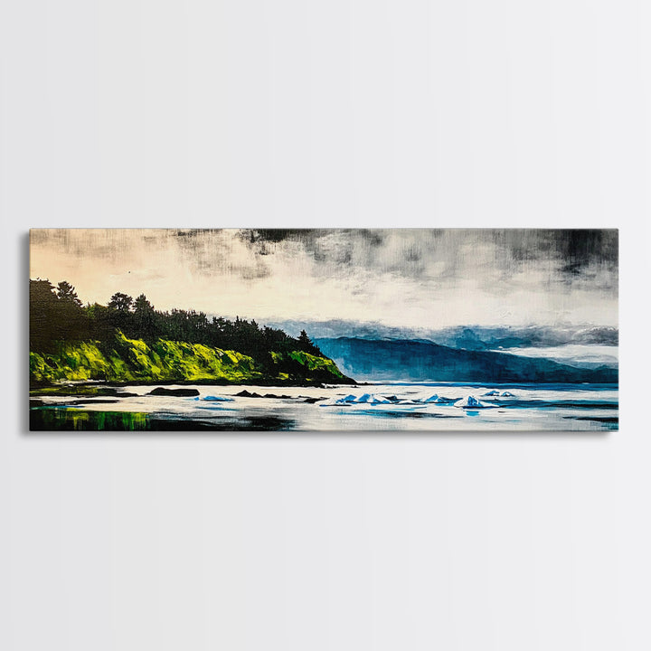 Coastal Wilderness, Green Cliffs and Water, Framed Canvas Print, Modern Nature Art, Living Room Wall Art, Bold Landscape Painting, Serene Decor